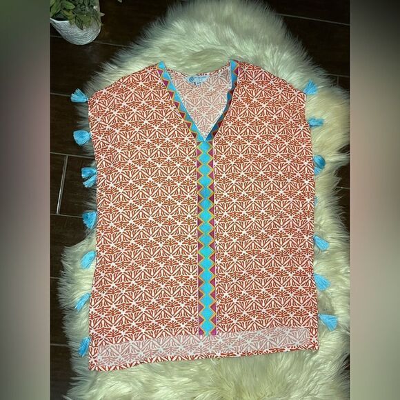 Escapada Living Tangerine/white Embroidered Neck hem w/Turquiose Tassel sz med - Picture 2 of 8